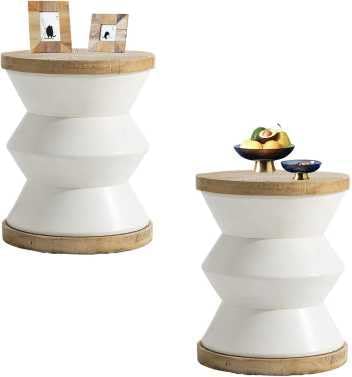 COSIEST Outdoor Side Table Set of 2, Round MgO Concrete Side Table, Patio End Table, Lightweight Concrete Accent Table with Rotund Base, Cylinder Top Plant Stand for Garden and Deck