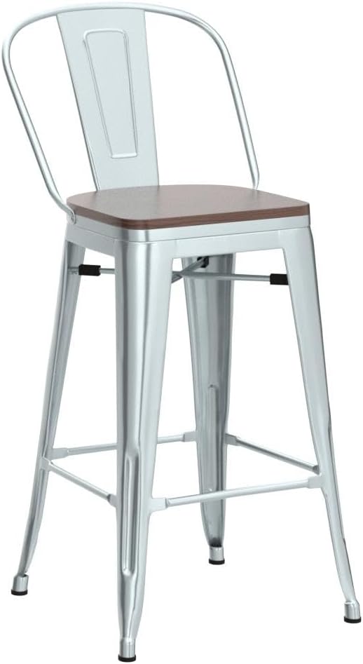 Alunaune 26" Swivel Metal Bar Stools Set of 4 High Back Counter Height Barstools Kitchen Dining Bar Chairs Industrial with Large Wooden Seat-Silver