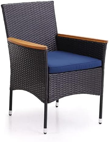 PHI VILLA 7 Piece Outdoor Dining Set for 6, 60” Rectangular Metal Steel Dining Table with Umbrella Hole & Rattan Wicker Chairs with Blue Cushions for Patio, Deck, Yard, Porch
