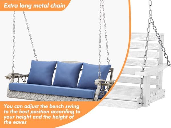 Heavy Duty 900 LBS Porch Swing Chair 3-Person Outdoor Rattan Patio Swing Lounge w/Cup-Holder & Steel Chains Wicker Hanging Bench Porch Swing Cushions for Deck & Backyard & Garden