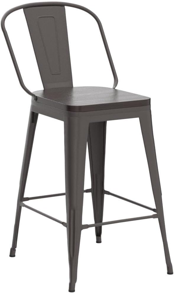 Alunaune 26" Swivel Metal Counter Height Bar Stools Set of 4 High Back Industrial Bar Chairs Kitchen Barstools with Large Wooden Seat-Rusty