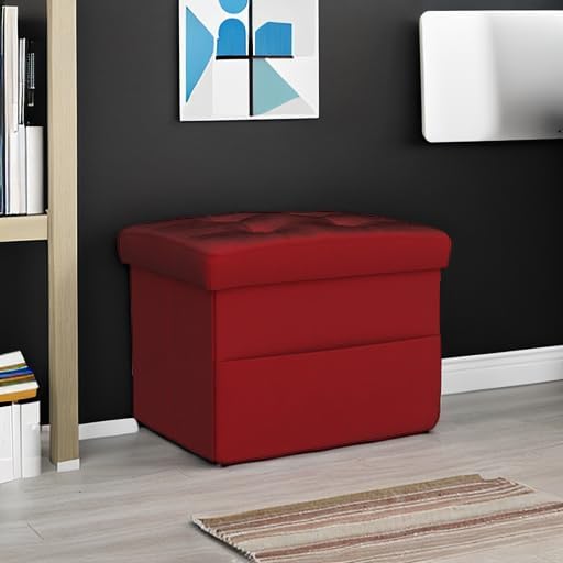 LINMAGCO Small Storage Ottoman Stool Foot Rest Stool Under Desk Stool Short Folding Ottoman Linen Cloth 17X13X13IN(Red)