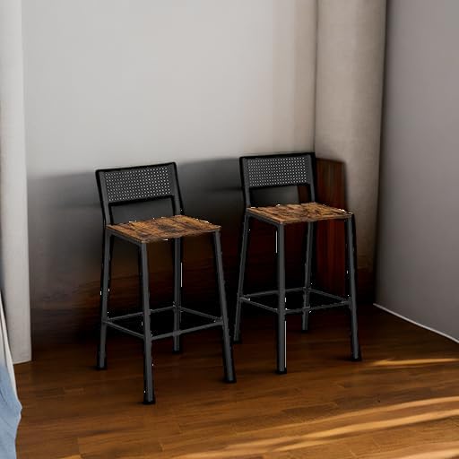VASAGLE Bar Stools, Set of 2 Bar Chairs, Tall Bar Stools with Backrest, Industrial in Party Room, Rustic Brown and Black ULBC070B01