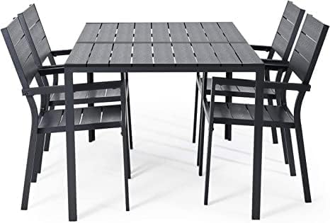 AECOJOY 7 Piece Outdoor Dining Set, 60" x 36" Aluminum Patio Table and Chairs Set for 6 with Rectangular Table and Stackable Chairs for Garden, Backyard, Black