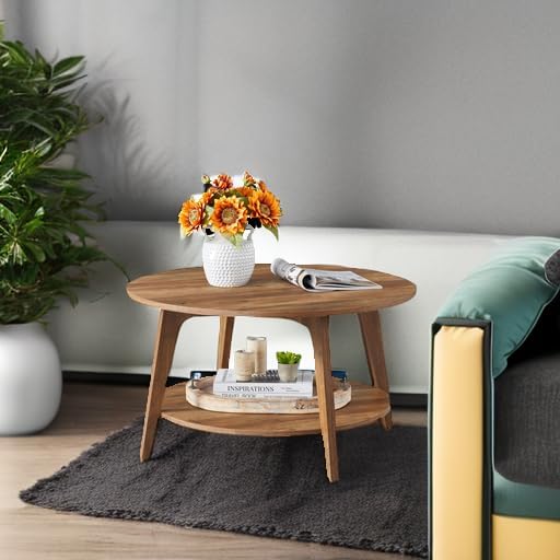 VASAGLE MAEZO Collection - Round Coffee Table, 2-Tier Center Table with Storage, Tapered Legs, Curved Transitions, 31.5 Dia. x 17.7 H Inches, Easy Assembly, for Living Room, Honey Brown ULCT243K41