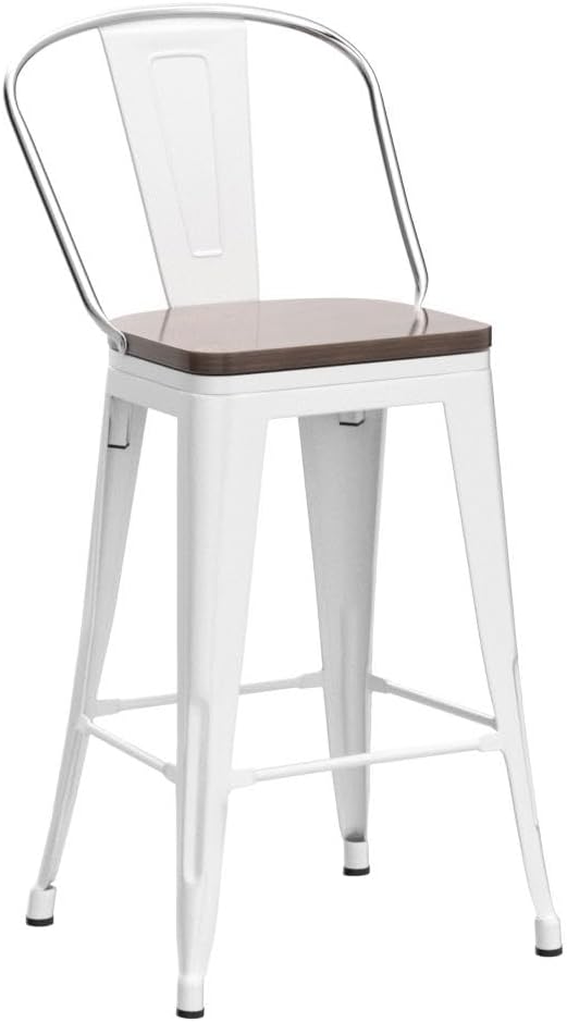 Alunaune 30" Swivel Metal Bar Stools Set of 4 High Back Counter Height Barstools Industrial Dining Bar Chairs with Large Wooden Seat-White