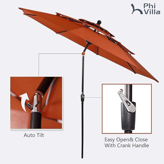 PHI VILLA 5 Pieces Outdoor Dining Set for 4 with Umbrella, 37" Square Wood-Like Steel Table & Stackable Iron Chairs with Cushions & 10ft Red Umbrella, Modern Furniture for Patio, Deck, Yard, Porch
