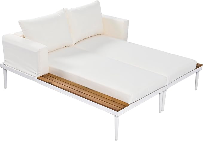 Outdoor Patio Metal Daybed with Wood Topped Side for Drinks, 2 in 1 Padded Chaise Lounge Chair with Cushions & Pillows, Outdoor Double Sun Lounger for Lawn Garden Poolside, Beige