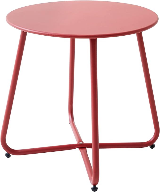 Patio Small Side Table Waterproof Round Metal Steel Weather Resistant Portable Outdoor and Indoor End Table for Garden Balcony Yard, Red