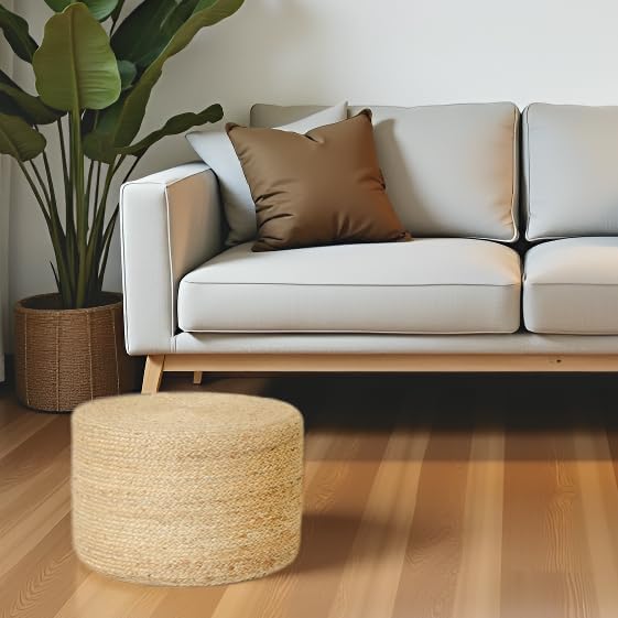 REDEARTH · Cylindrical Pouf Foot Stool Ottoman - Jute Braided Pouffe Poof Accent Sitting Footrest for Living Room, Bedroom, Nursery, Patio, Lounge & Other Rooms (Natural, 18"X18"X14")