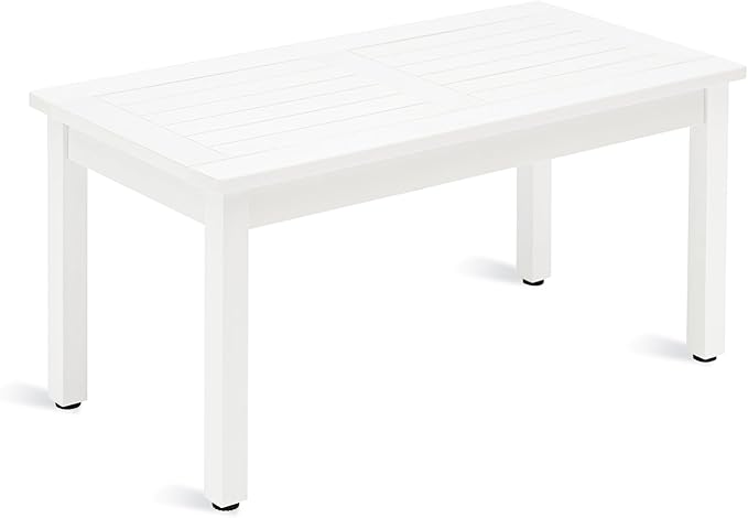 LUE BONA Outdoor Coffee Table Rectangle, HDPS Patio Coffee Tables for Outside, All Weather Patio Coffee Table with Slatted Tabletop for Deck, Garden, Balcony, Indoor or Outdoor Use, White