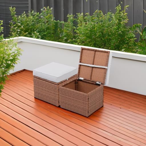 Premium Elegant Gray/Tawny 16.5" 2-Piece w/ 3" Fade-Proof Cushion, All-Weather Wicker Indoor/Outdoor Ottomans, PE Rattan Side Table & Footstools, Footrest, Ideal for Patio.