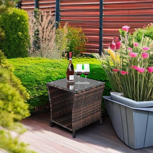 Wicker Rattan Side Table, Outdoor Square Rattan Coffee End Table with Tempered Glass Top and Storage for Patio Porch Lawn (Brown)