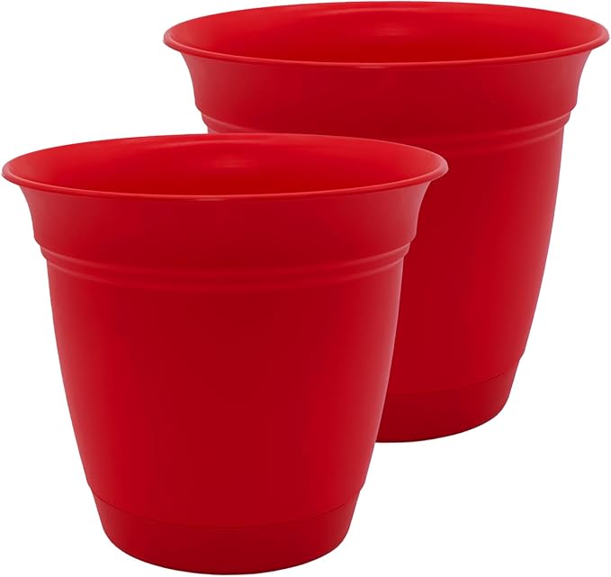 The HC Companies 20 Inch Eclipse Round Planter Pots with Drainage Holes & Attached Saucer, Lightweight UV-Resistant Plastic Indoor & Outdoor Planters, 2-Pack Flower Pots for Garden & Home Decor, Red
