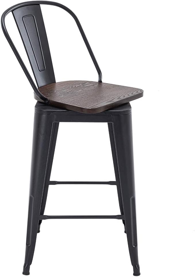Alunaune 26" Swivel Metal Bar Stools Set of 4 High Back Counter Height Barstools Industrial Dining Bar Chairs with Large Wooden Seat-Matte Black