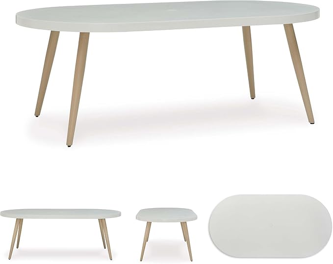 Signature Design by Ashley Seton Creek Casual Aluminum Outdoor Dining Table with Umbrella Hole and Cover Cap, White & Light Brown