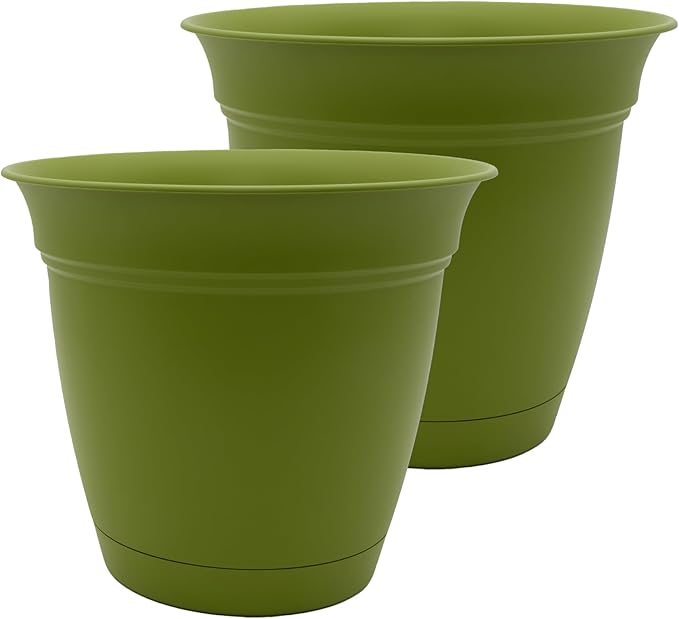 The HC Companies 12 Inch Eclipse Round Planter Pots with Drainage Holes & Attached Saucer, Lightweight UV-Resistant Plastic Indoor Outdoor Planters, 2-Pack Flower Pots for Garden & Home Decor, Peridot