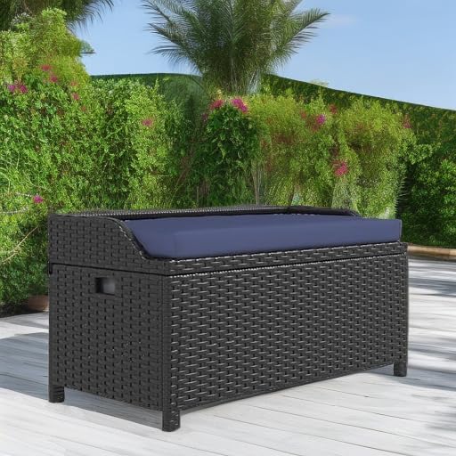 Outsunny Outdoor Wicker Storage Bench Deck Box, PE Rattan Patio Furniture Pool Storage Bin Container with Interior Waterproof Cloth Bag and Comfortable Cushion, Navy Blue