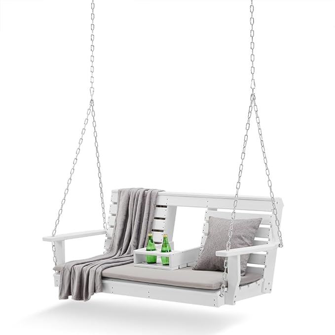 Premium Poly Lumber Porch Swing with Mounting Kit – All-Weather HDPE Hanging Bench with Cup Holders & Steel Chains for Patio or Backyard