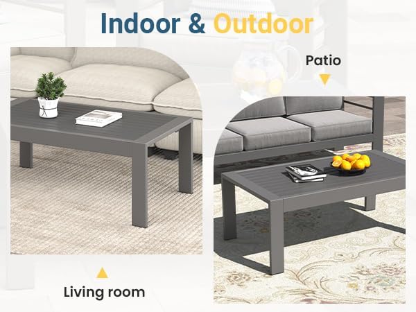 Wisteria Lane Outdoor Furniture Patio Coffee Table, Rectangle Outdoor Coffee Table, All-Weather Patio Metal Coffee Table for Balcony, Garden, Deck, Backyard, Grey