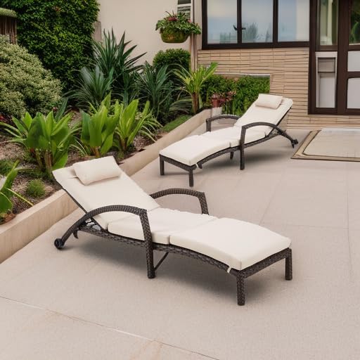 HOMREST Chaise Lounge Chairs Set of 2 for Outside, Adjustable 5 Position Outdoor PE Rattan Wicker Patio Pool Lounge Chair with Arm, Cushion, Pillow and Wheels for Poolside Backyard Deck Porch,Khaki