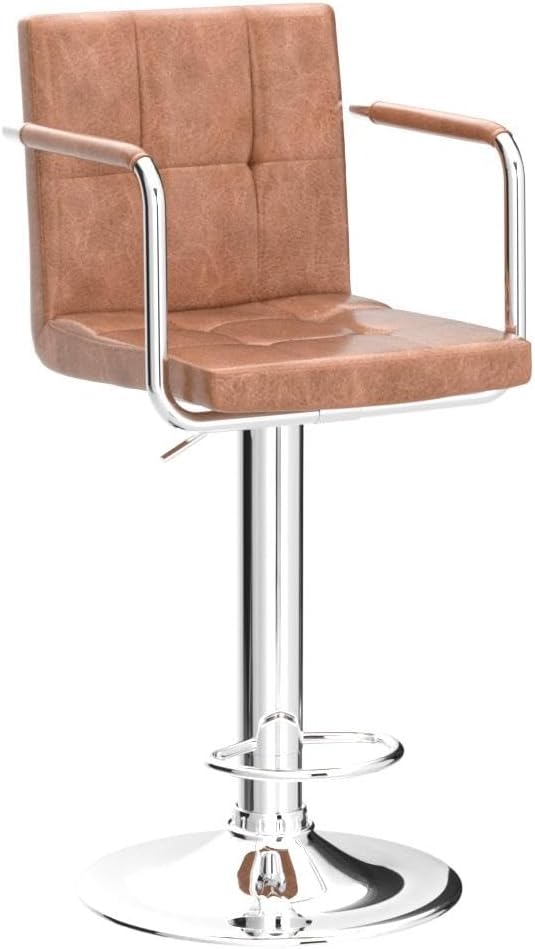 Yaheetech Bar Stools Set of 2, PU Leather Adjustable Swivel Barstools, Hydraulic Kitchen Counter Height Bar Chairs with Armrest and Back for Kitchen, Dining Room, Retro Brown