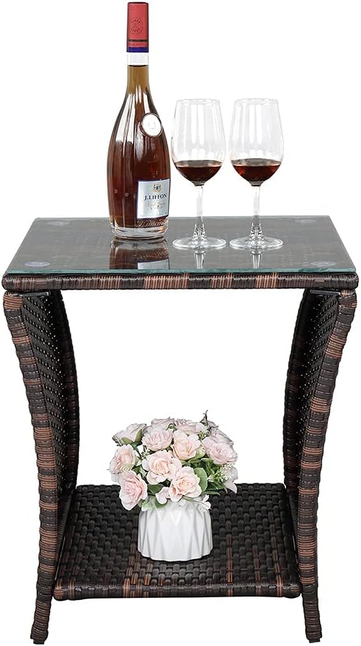 Wicker Rattan Side Table, Outdoor Square Rattan Coffee End Table with Tempered Glass Top and Storage for Patio Porch Lawn (Brown)