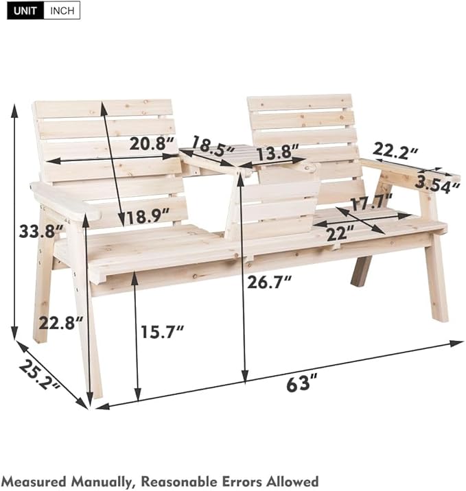 FORTUNO Cedar/Fir Log Wood Patio Garden Bench with Foldable Table, Outdoor Wooden Porch 3-Seat Bench Chair for Garden Balcony Patio Backyard, Natural Finish