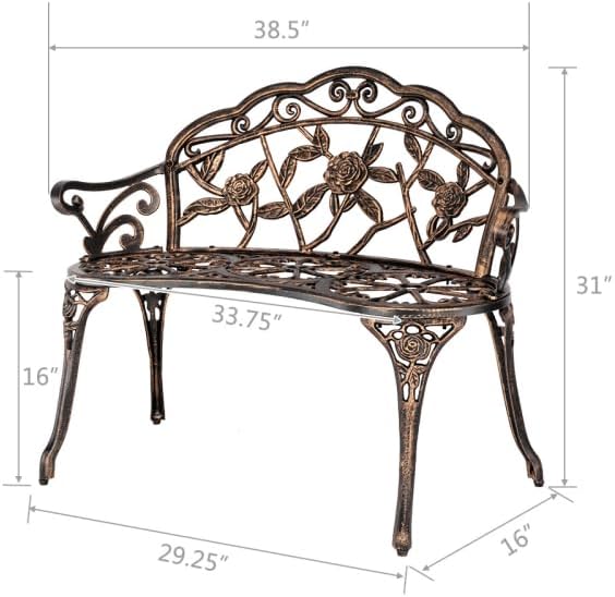38.5" Outdoor Garden Bench, Patio Furniture Cast Aluminum Outdoor Bench with Rose Backrest, Weather Proof Patio Park Chair with Antique Style for Park, Porch, Pool, Backyard
