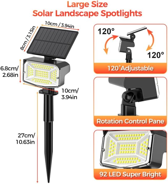 Solar Spot Lights Outdoor, 92 LEDs Landscape Lighting with 3 Lighting Modes and Auto On/Off, IP67 Waterproof Spotlights, Outdoor Solar Lights for Yard Garden, 2 Pack (Cool White)