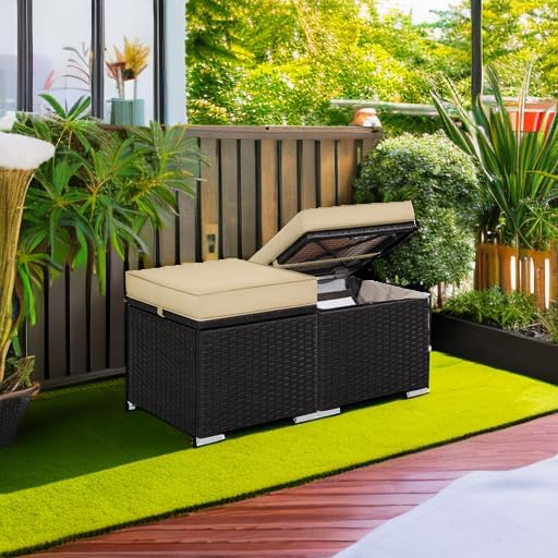 Yaheetech Wicker Ottomans, Set of 2 Patio PE Rattan Side Tables with Hidden Storage & Removable Cushion, Outdoor/Indoor Footstools, Additional Seating for Garden/Balcony/Yard, Brown/Khaki