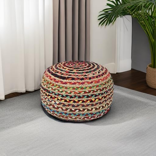 REDEARTH · Round Pouf Ottoman - Braided Boho Poof Home Décor Pouffe Accent Sitting Circular Foot Rest for Living Room, Bedroom, Nursery, Kidsroom, Lounge; Jute and Cotton (19.5"X19.5"X14"; Multi)