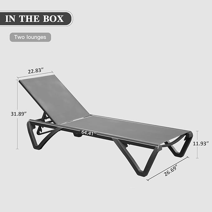 Domi Pool Lounge Chairs Set of 2, Aluminum Adjustable Outdoor Chaise Lounge with Wheels, All Weather Outdoor Lounge Chair for Deck Lawn Patio Backyard, Textilene - Gray