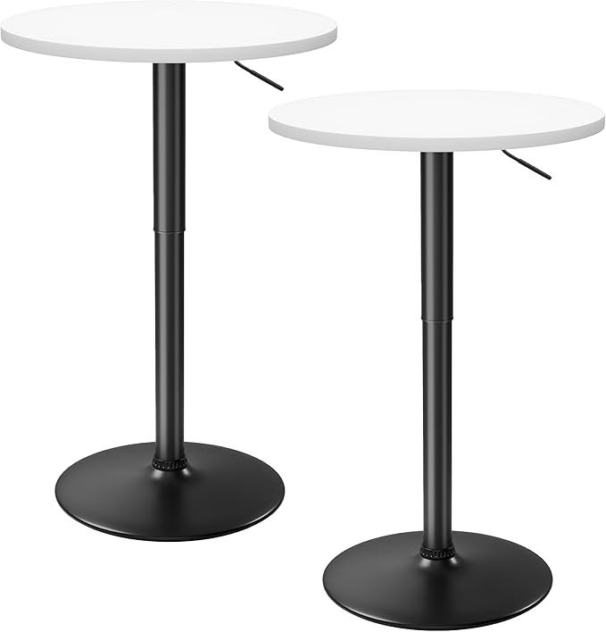 Flamaker Round Bistro Pub Table 23.6 Inch Height Adjustable 360° Swivel Bar Table Metal Base for Pub, Dining Room, Party (2, White-Black)