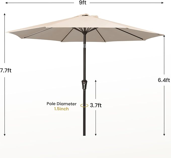MEWAY 9ft Patio Umbrella Outdoor Table Umbrellas with Push Button Tilt and Crank, Market Umbrella 8 Sturdy Ribs for Deck, Garden, Pool and Backyard, Beige