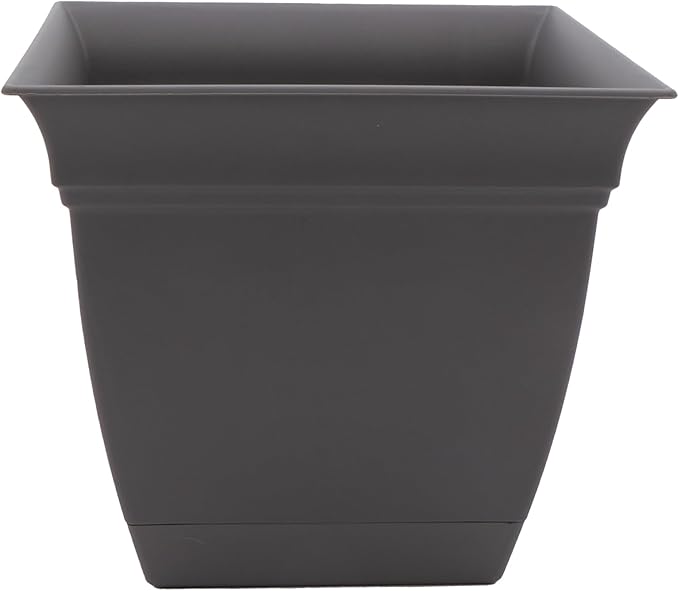 The HC Companies Eclipse Square Plastic Planter w/ Attached Saucer - Outdoor & Indoor Plant Pot with Drainage Holes - Lightweight, UV-Resistant Plastic Pots For Plants (12" Warm Gray, Pack of 1)