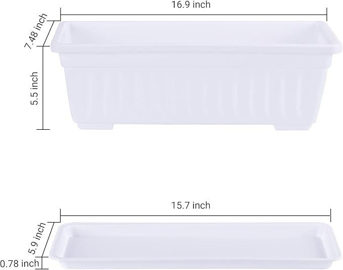 GREANER Rectangle Plastic Flower Boxes, 3 Pack Large Long Planter 16.9x7.48 Inch Morden Thicken Vegetable Plant Pot with Tray for Garden, Kitchen, Window, Office, Balcony, Outdoor Indoor Use - White