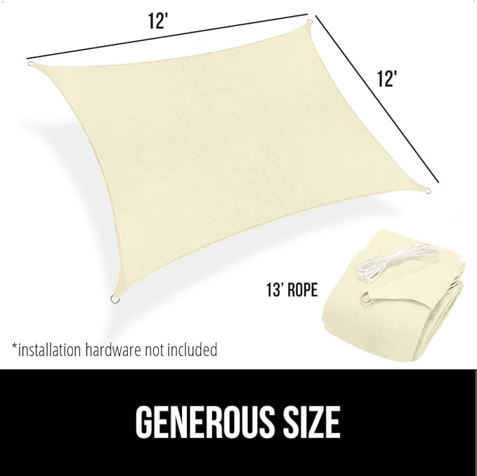 GORILLA GRIP Heavy Duty Sun Shade, UV Protection Fade Tear and Rust Resistant Rectangle Sunshade Canopy, Curved Edges Blocks Sunlight, Breathable Sail, Outdoor Patio, Lawn Garden 12x12 FT Butter Cream
