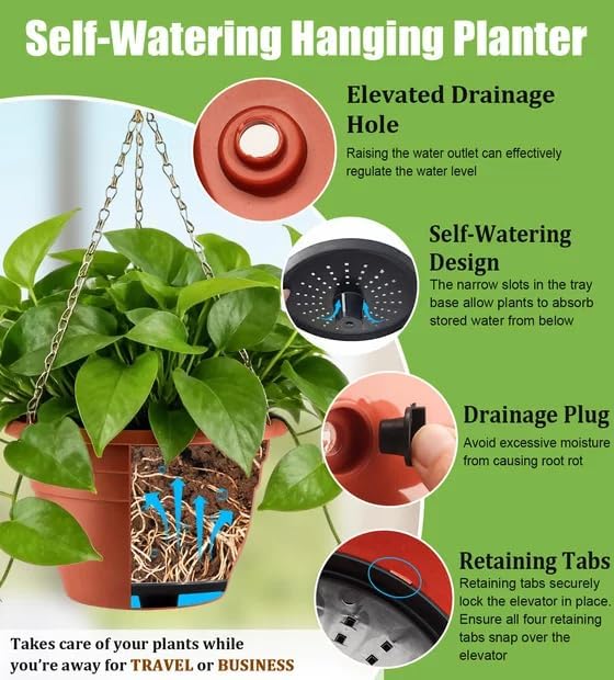 Hanging Planters 10 Inch, 4 Pcs Flower Pots with Drainage Hole, Self Watering Hanging Basket for Indoor Outdoor Plants, Decor, Pottery Red