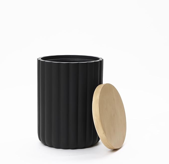 LuxenHome 20" Black Outdoor Side Table with Storage, Fluted Outdoor End Table with Metal Ice Bucket for Patio, Outside Accent Table for Balcony, Garden, Yard