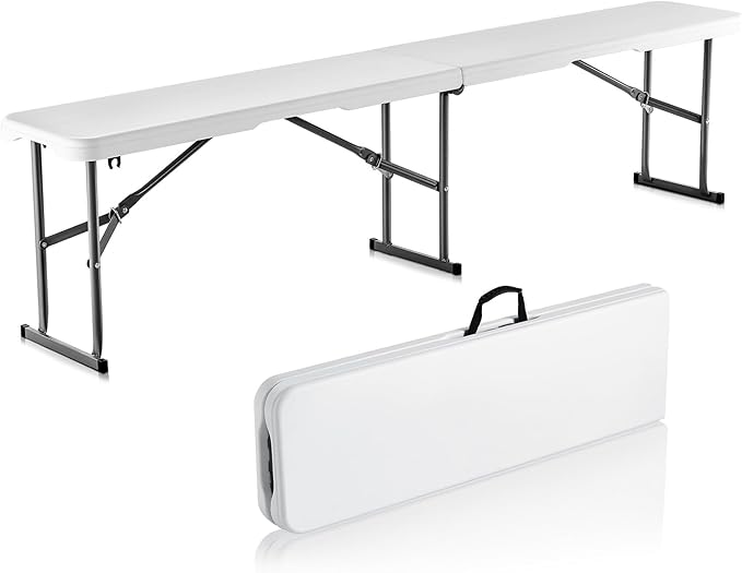 VEVOR Plastic Folding Bench, 6ft Portable Folding Bench, Smooth High Density Polyethylene Waterproof Outdoor Bench, Picnic Camping Table with Handle for Garden Soccer Playtime, White (1 Pack)