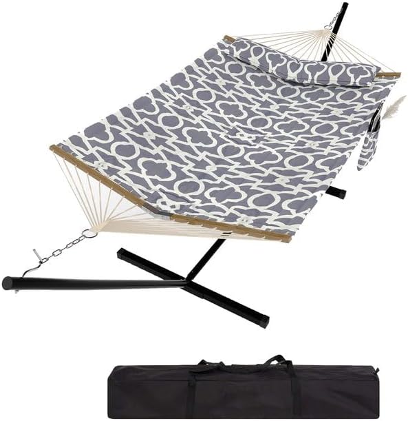 2 Person Outdoor Hammock with Stand, Portable Hammock, Heavy Duty Hammock with Soft Pillow, Balance Ropes, for Patio, Backyard, Garden, Beach, Stripe