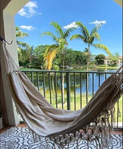 Hammock Brazilian Double Hammocks Soft Comfortable Fabric Cotton Canvas Hanging Portable Two Person Hammock Boho Fringe Large for Adults Backyard Travel