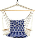 Hammock Chair Hanging Rope Swing, *12 Patterns, Quality Comfortable and Breathable Fabric - Indoor/Outdoor - Navy w/White Rings