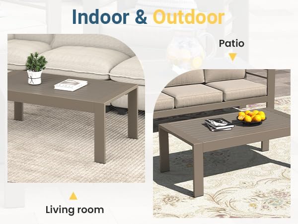 Wisteria Lane Outdoor Furniture Patio Coffee Table, Ourdoor Rectangle Coffee Table, All-Weather Outdoor Metal Coffee Table for Balcony, Garden, Deck, Backyard, Khaki