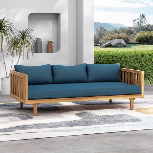 Christopher Knight Home Claremont Patio Sofa and Coffee Table Set, 2 Piece Outdoor Patio Furniture Set with Cushion, Acacia Wood 3 Seater Outdoor Sofa Daybed and Coffee Table Set, Teak+Dark Teal