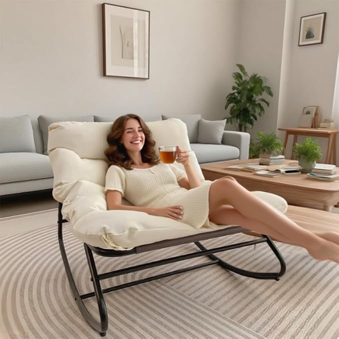 Patio Outdoor Rocking Chair,Oversized Papasan Rocking Chair with Cushion,Lounge Chair Outdoor/Indoor,Supports 450 Lbs,Comfy Chair for Garden/Lawn/Brown/Bedroom/Living Room,White