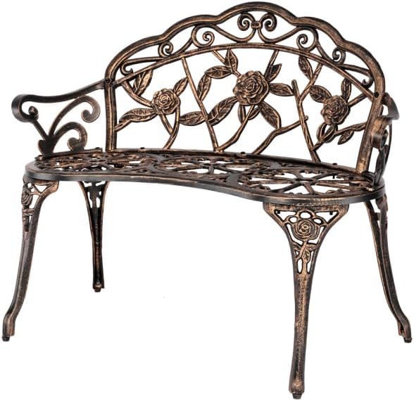 38.5" Outdoor Garden Bench, Patio Furniture Cast Aluminum Outdoor Bench with Rose Backrest, Weather Proof Patio Park Chair with Antique Style for Park, Porch, Pool, Backyard