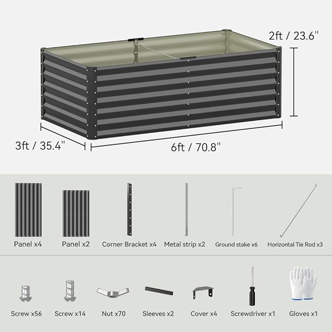COMHOMA Galvanized Raised Garden Bed,Large Metal Planter Box for Outdoor Vegetables,Corrugated Steel Herbed Plants Container,Extra Deep Gardeners Kits with Open Bottom (1, 6x3x2FT)