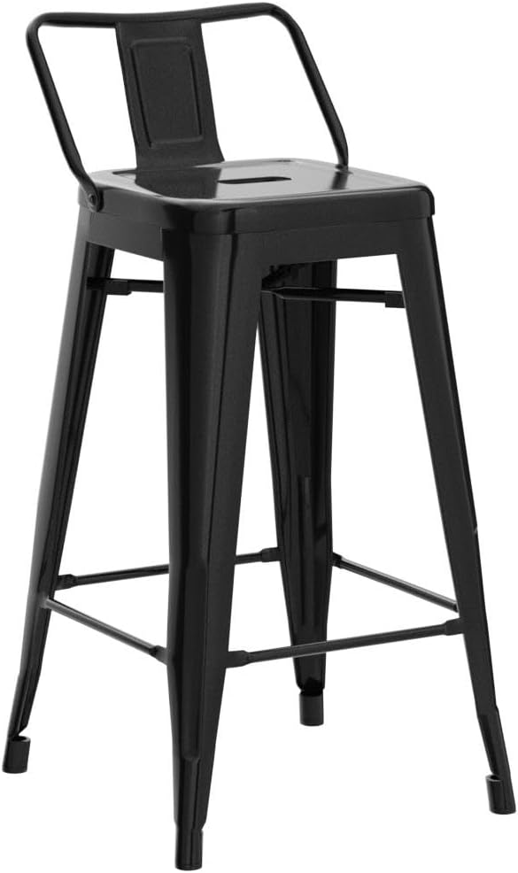 Yaheetech Bar Stools Set of 4, Metal Counter Height Chairs, 26 Inch Industrial Kitchen Stools with Backrest and Footrest for Indoor/Outdoor, Matte Black